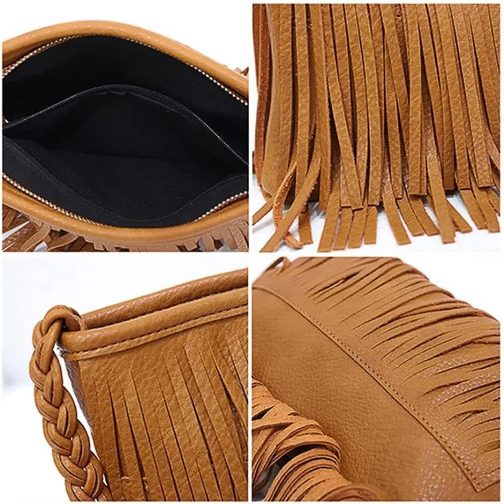 Fringe Crossbody Bag Bohemian Leather Small Shoulder Purse for Women